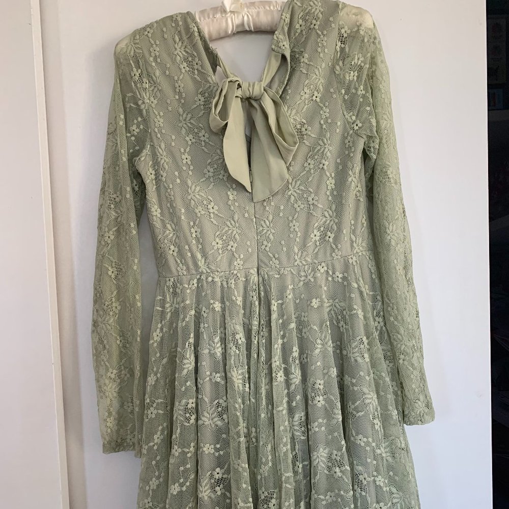 Sage Green Lace Mini Dress with satin neck tie